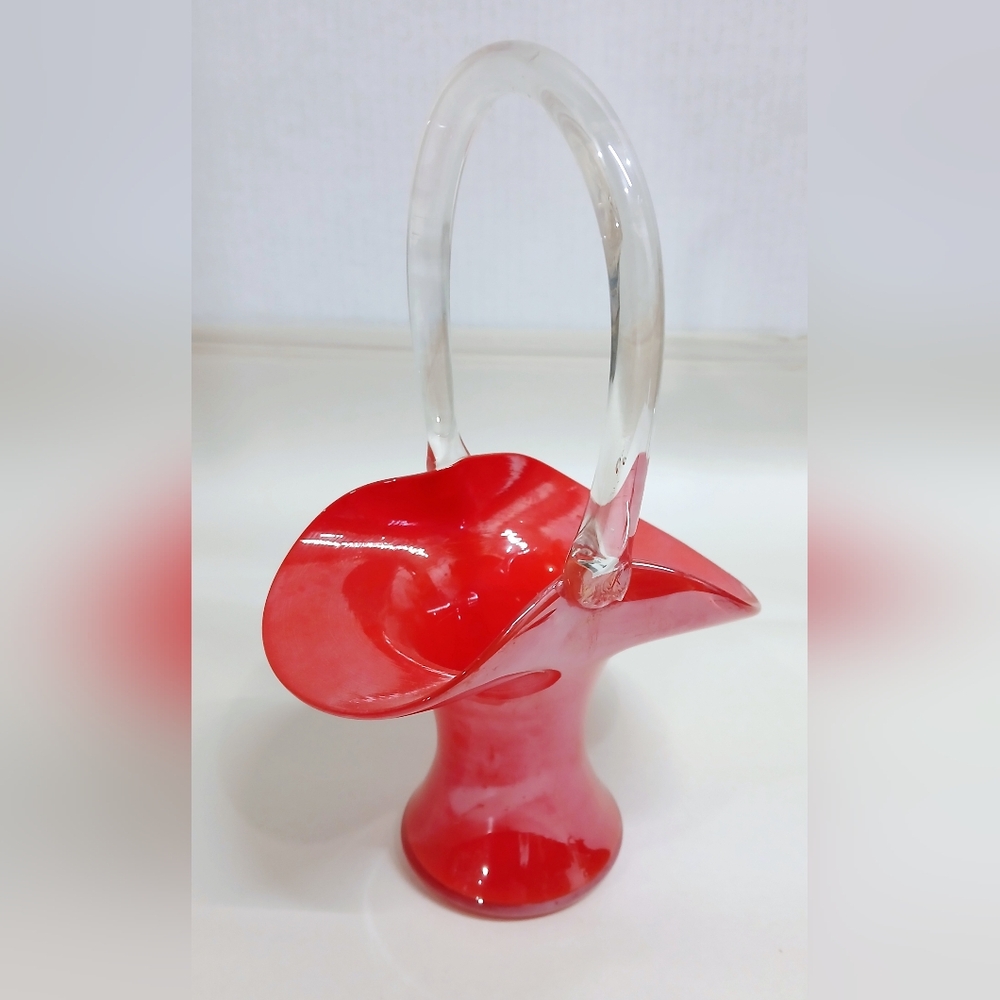 Vintage Red Blown Glass Flower Vase with Clear Handle